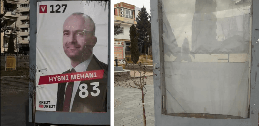 Lajmi i Fundit nga Skenderaj: Dëmtohet baneri kandidatit të Vetëvendosjes, Hysni Mehanit, në sheshin “Adem Jashari” (FOTO)