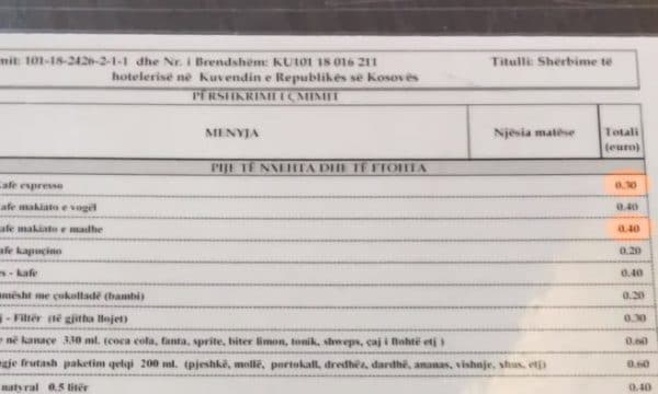 Kafja për deputetët kushton 30 centë, supa 40, mishi 1.5 euro