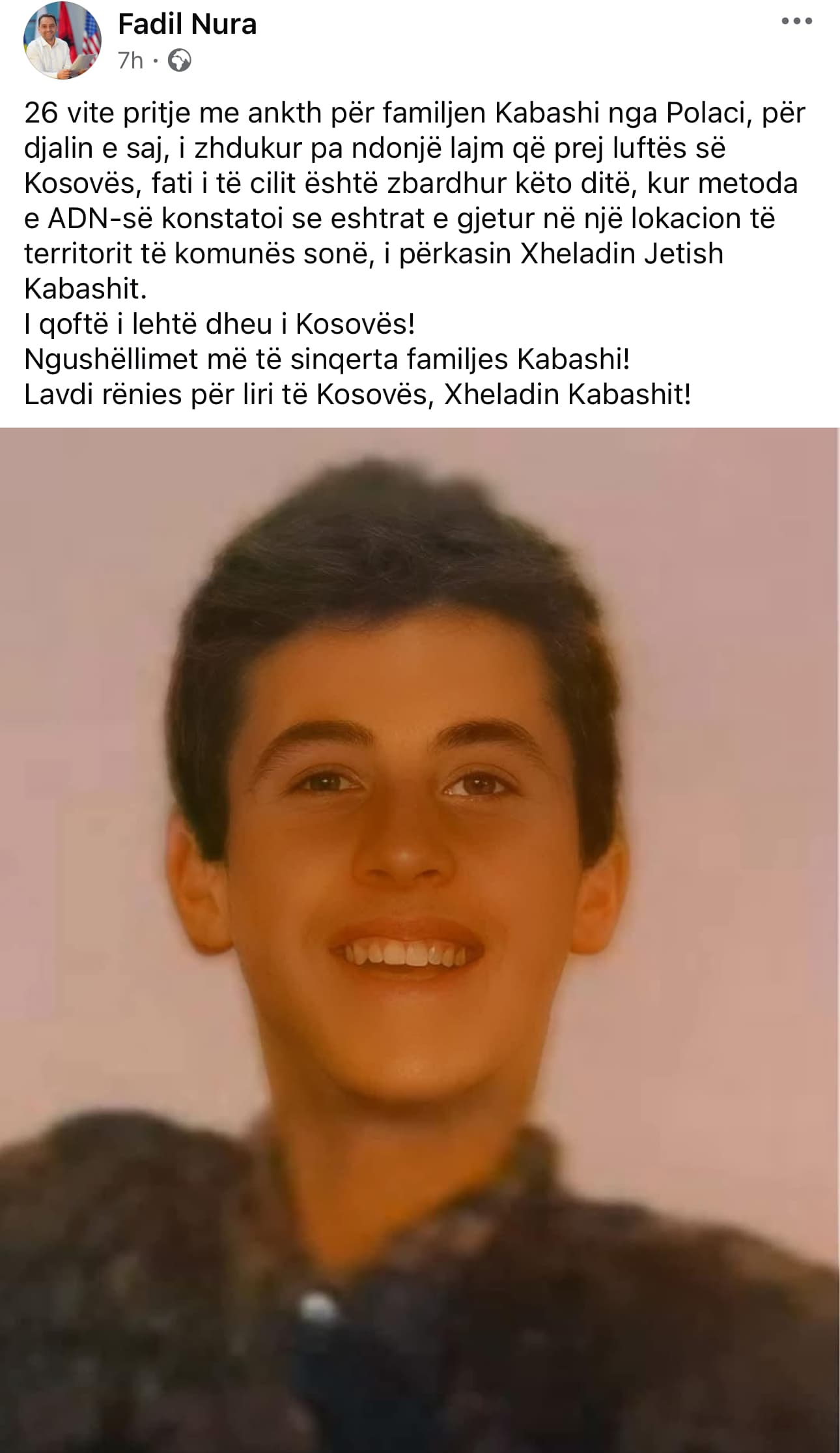 Skenderaj: I zhdukur gjatë luftës, pas 26 vitesh gjenden eshtrat e Xheladin Kabashit