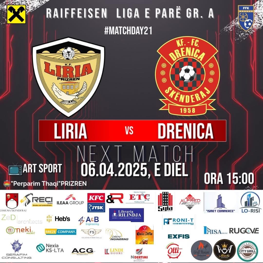 Përballja në Raiffeisen Ligën e Parë: KF Liria përballet me KF Drenicën në Prizren