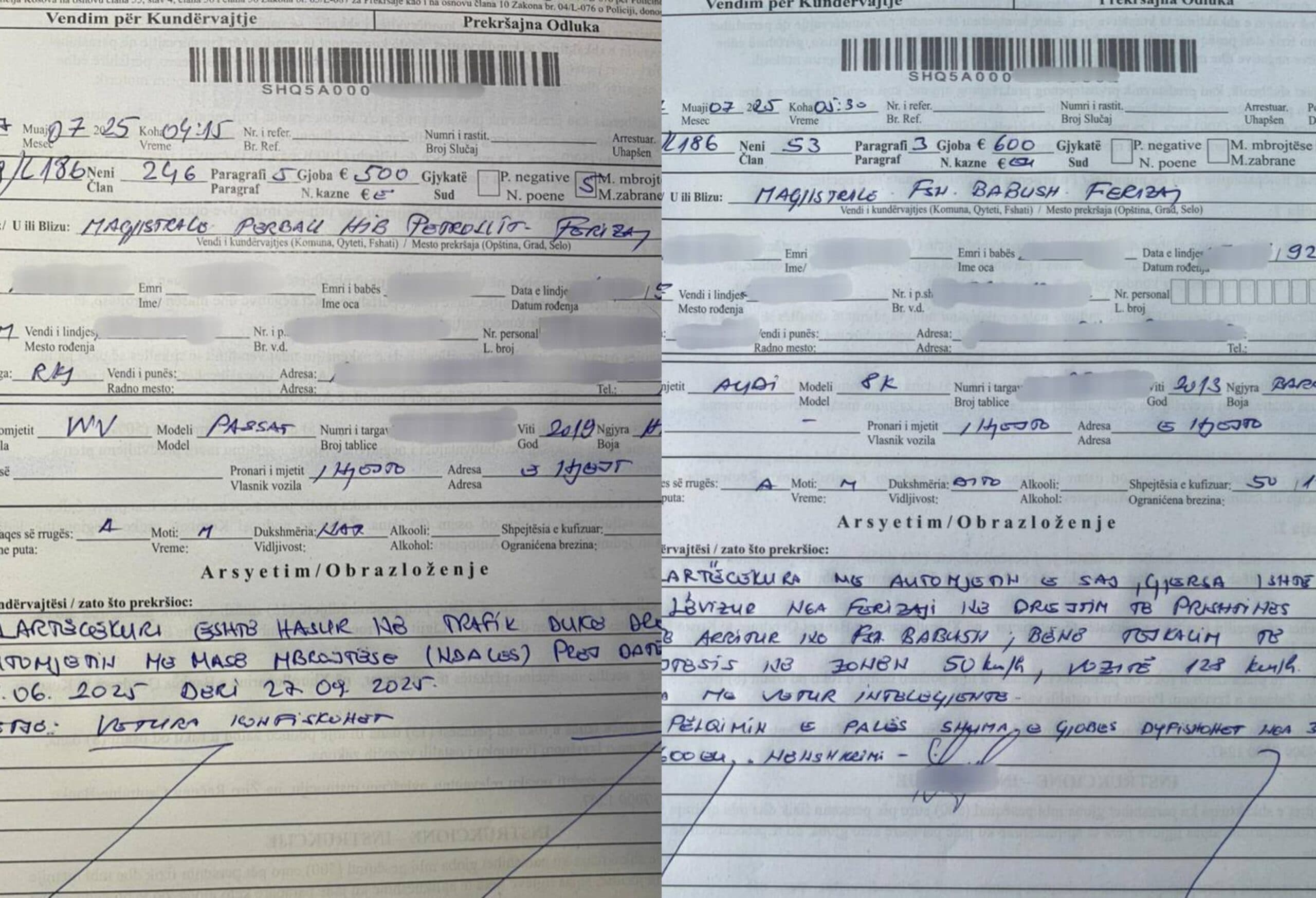 Një shofer në magjistralen Ferizaj-Prishtinë, e një në Babush tejkaluan shpejtësinë – Iu shqiptuan gjoba e njërit iu mor edhe patent-shoferi