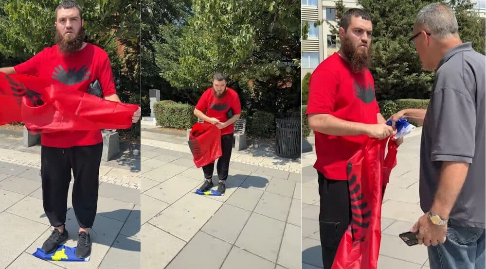 Qytetari nga Tirana e shkel flamurin e Kosovës me dy këmbët në Prishtinë, konfrontohet nga një person (VIDEO)