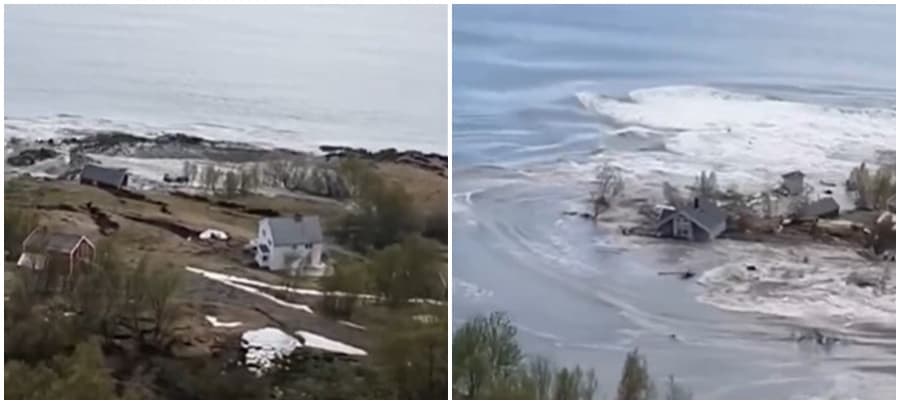 Pamje dramatike në Norvegji, toka u përpi nga deti së bashku me disa shtëpi banimi