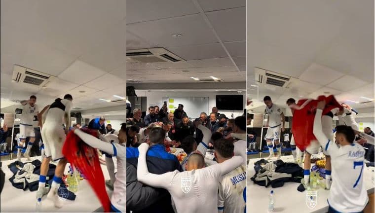 Lojtarët festojnë në zhveshtore duke kënduar këngën: Unë jam shqipe nga Kosova
