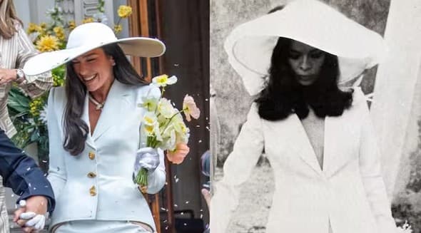 E frymëzuar nga Bianca Jagger, Dua Lipa ‘riktheu’ një nga veshjet më të guximshme të nusërisë për martesën me Callum Turner