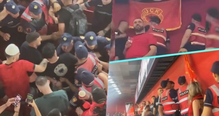 Flamuri i UÇK-së i ndaluar në Tiranë: Policia e shtetit largon flamurin nga stadiumi, por edhe një tifoz që kishte veshur një fanellë të tillë